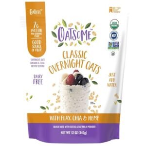 Oatsome Organic Overnight Oats with Chia, Flax, & Hemp, Gluten-Free Oatmeal with 7g of Protein, 12oz Bag