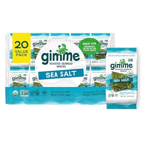 gimMe Organic Roasted Seaweed Sheets, Sea Salt, Keto, Vegan, Gluten Free, Great Source of Iodine and Omega 3’s, Healthy On-The-Go Snack for Kids & Adults, #1 Sea Salt, 0.17 Ounce (Pack of 20)