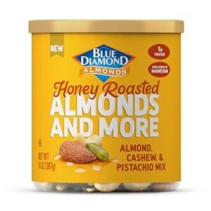 Blue Diamond Almonds, Mixed Nuts Sweet Honey Roasted Deluxe Snack Nuts, Almonds, Pistachios, and Cashews, 14oz. Can (Pack of 1)