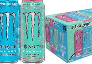 Monster Energy Ultra Variety Pack, Blue Hawaiian, Ultra Vice Guava, Ultra Fantasy Ruby Red, Sugar Free Energy Drink, 16 Ounce (Pack of 15)