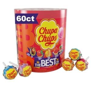 Chupa Chups ‘Best Of’ Lollipop Assortment, 5 Flavors, Individually Wrapped Candy for Kids, 25.3 Oz Drum (60 Suckers)