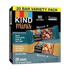 KIND Minis Snack Bars, Dark Chocolate Nuts & Sea Salt and Caramel Almond & Sea Salt, 3g Sugar, Gluten Free Bars, Variety Pack, 0.7 OZ, (20 Count)