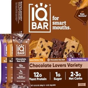 IQBAR Brain and Body Plant Protein Bars - Chocolate Lovers Variety - 12-Count Low Carb - Gluten Free, High Fiber, Vegan Snacks - Low Sugar Meal Replacement