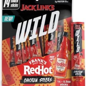 Jack Link's Wild Mini Chicken Sticks Made with Frank's RedHot Flavor – 7g of Protein Snacks, On The Go Snacking, Keto & Paleo Snack, Carnivore Diet Ready, Individually Wrapped – 0.5 Oz. (14 Count)