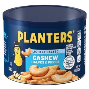 PLANTERS Lightly Salted Cashews, Cashew Halves & Pieces, Plant-Based Protein, 8 Oz Canister, Great Party Snack