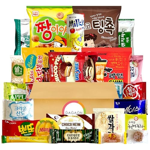 Dagaon Delightful Korean Snack Box 28 Count – Tasty Korean Snacks and Foods Including Chips, Biscuits, Cookies, Pies, Candies, Drinks, Ramen Noodles. Assortment of Korean treats and foods for everyone.