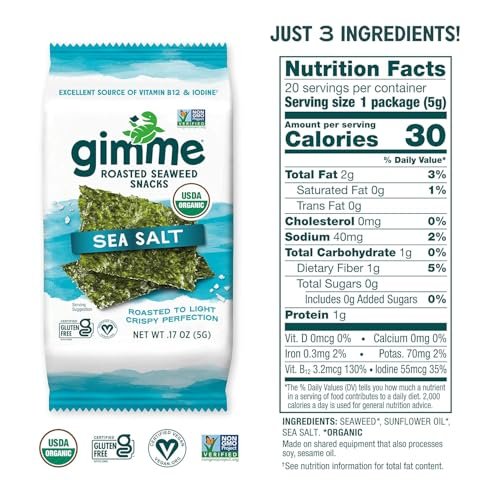 gimMe Organic Roasted Seaweed Sheets, Sea Salt, Keto, Vegan, Gluten Free, Great Source of Iodine and Omega 3’s, Healthy On-The-Go Snack for Kids & Adults, #1 Sea Salt, 0.17 Ounce (Pack of 20) - Image 5