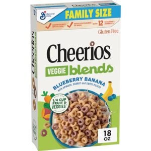 Cheerios Veggie Blends Breakfast Cereal, Blueberry Banana, Made with Fruits and Veggies, Family Size, 18 oz