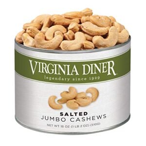 Virginia Diner Jumbo Salted Cashews - Non-GMO, Preservative Free Gourmet Cashews Gift from Virginia Since 1929-18 Oz Can