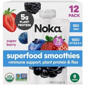 Noka Organic Superfood Fruit Smoothie Pouches, Super Berry with Immune Support, Healthy Snacks with Elderberry, Vitamin C, Flax Seed and Plant Protein, Gluten Free, Vegan, 4.22 oz, 12 Count