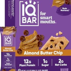 IQBAR Brain and Body Plant Protein Bars - Almond Butter Chip - 12-Count Low Carb - Gluten Free, High Fiber, Vegan Snacks - Low Sugar Meal Replacement