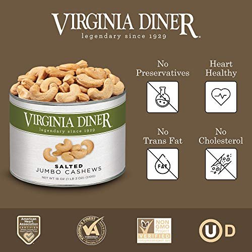 Virginia Diner Jumbo Salted Cashews - Non-GMO, Preservative Free Gourmet Cashews Gift from Virginia Since 1929-18 Oz Can - Image 2