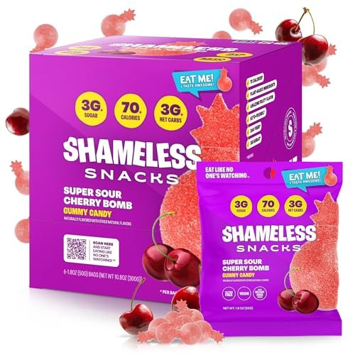 Shameless Snacks - Healthy Low Calorie Snacks, Low Carb Keto Gummies (Gluten Free Candy) - 6 Pack Sour Cherry Bomb