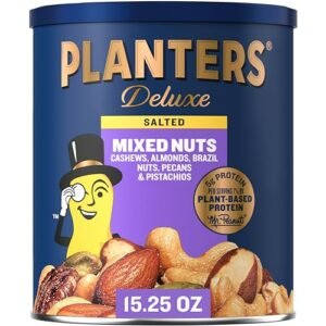 PLANTERS Deluxe Mixed Nuts - Roasted Cashews, Almonds, Brazil Nuts, Pistachios, and Pecans, Plant-Based Protein, Quick Snack, 15.25oz Canister