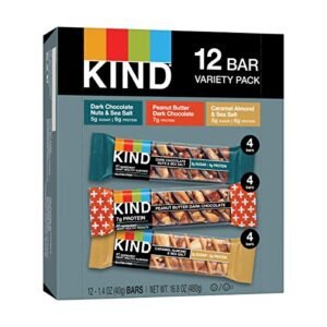 KIND Snack Bars, Dark Chocolate Nuts & Sea Salt, Peanut Butter Dark Chocolate, and Caramel Almond Sea Salt, 5g Sugar 5-7g Protein, Gluten Free Bars, 1.4 OZ, (12 Count)