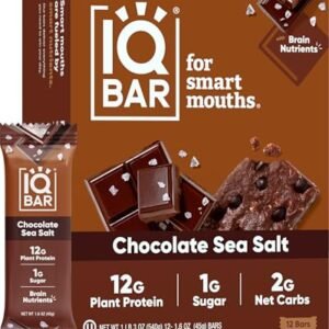 IQBAR Brain and Body Plant Protein Bars - Chocolate Sea Salt - 12-Count Low Carb - Gluten Free, High Fiber, Vegan Snacks - Low Sugar Meal Replacement