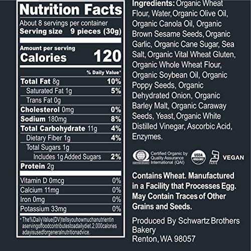 Everything Bagel Chips NY Style Bagel Crisps. Organic, Vegan, Kosher. From the artisans of Schwartz Brothers Bakery. Baked Fresh. Twice Baked. 8 ounce container. Great Snack. Delicious. Pack of 4. - Image 3