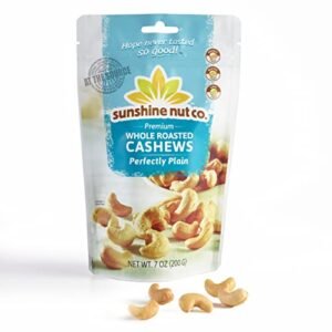 Sunshine Nut Co. Whole Roasted Cashews, Perfectly Plain Flavor, Single 7 oz. Bag, Gluten Free, Peanut Free and Vegan Individual Snack Packs for Kids and Adults, No Added Salt, GMO Free