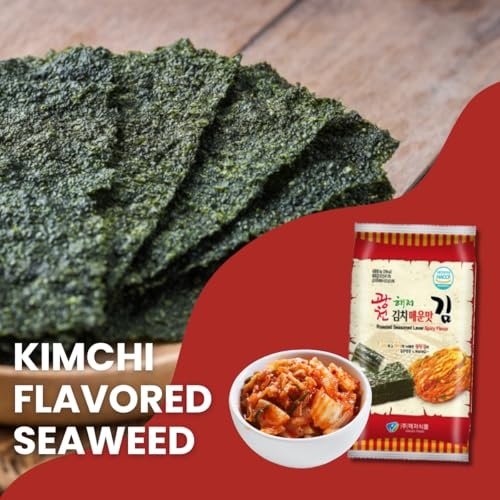 Korean Crispy Seasoned Seaweed Snacks Kimchi Spicy Sheets -12 Individual Packs 100% Natural Laver 12 Pack Roasted Nori Snack Healthy Premium Gim by Unha's Asian Snack Box - Image 2