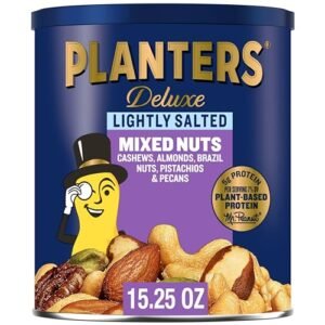PLANTERS Deluxe Mixed Nuts, Cashews, Almonds, Brazil Nuts Mix, Pistachios, Pecans, Lightly Salted, Snacks for Adults and Kids, Party Snack, 15.25oz