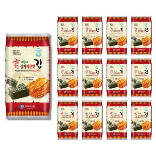 Korean Crispy Seasoned Seaweed Snacks Kimchi Spicy Sheets -12 Individual Packs 100% Natural Laver 12 Pack Roasted Nori Snack Healthy Premium Gim by Unha's Asian Snack Box