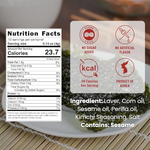 Korean Crispy Seasoned Seaweed Snacks Kimchi Spicy Sheets -12 Individual Packs 100% Natural Laver 12 Pack Roasted Nori Snack Healthy Premium Gim by Unha's Asian Snack Box - Image 3