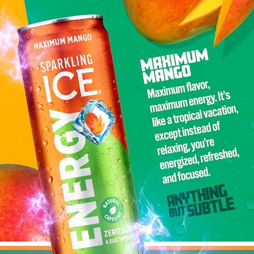 Sparkling Ice +Energy Maximum Mango 12Pk. Energy Drinks with Vitamins + Antioxidants, Zero Sugar. 12 fl oz cans. - Image 2